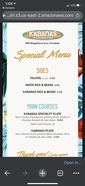 Special menu at Kabanas in San Juan