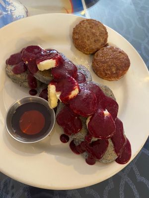 Blue Corn Pancakes with a side of Vegan Sausage at Morning Glory Cafe in Flagstaff