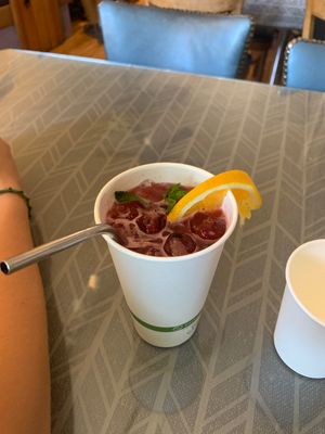 delicious berry lemonade & compostable cups and reusable straws 🤩🤩  at Morning Glory Cafe in Flagstaff