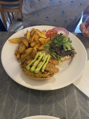 Deluxe hemp burger & fries (extra price)   at Morning Glory Cafe in Flagstaff