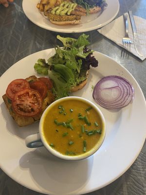 Pesto tofu sandwich with cup soup (didn’t have side but opted for soup which was charged as extra)  at Morning Glory Cafe in Flagstaff
