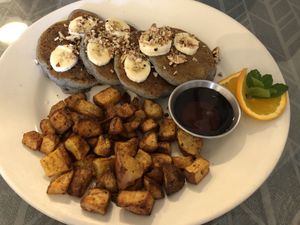 blue corn pancakes with breakfast potatoes  at Morning Glory Cafe in Flagstaff