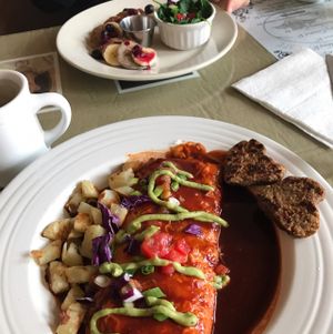 breakfast burro and blue corn pancakes  at Morning Glory Cafe in Flagstaff