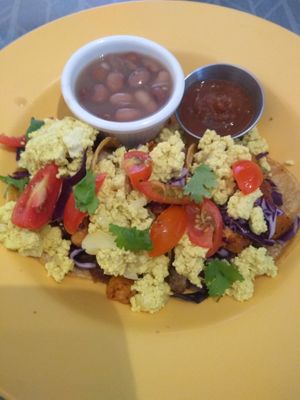 The beans were seasoned really nicely but the tofu was kind of bland.  at Morning Glory Cafe in Flagstaff