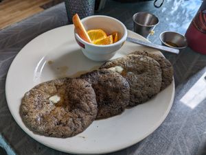 blue corn pancakes 🥞 gluten free  at Morning Glory Cafe in Flagstaff