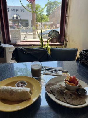 Burrito and blueberry corn flour pancakes    at Morning Glory Cafe in Flagstaff