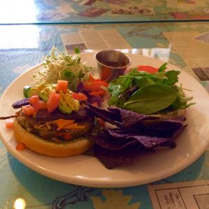 Deluxe Hemp Burger with Avocado and vegan Tempeh 'Bacon'.  Just when you thought their Hemp Burger couldn't get any better, they take it up to another level.  So Delicious! at Morning Glory Cafe in Flagstaff