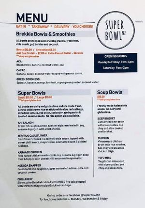 Menu at Super Bowl NZ in Kerikeri