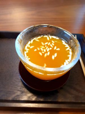 rice and sweer pumpkin drink at Balwoo Gongyang - 발우공양 in Seoul