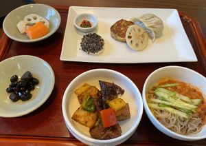 Black bean, mushrooms, noodles, dumpling and pancake.  Sooo good    at Balwoo Gongyang - 발우공양 in Seoul