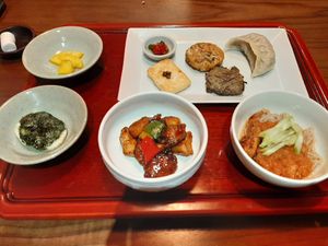 3rd: braised tofu, mixed cold noodles and some fries pancake at Balwoo Gongyang - 발우공양 in Seoul