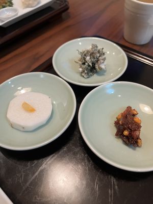 Yam, mushroom, rice cake  at Balwoo Gongyang - 발우공양 in Seoul