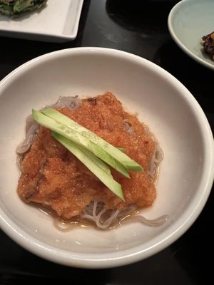 Buckwheat noodle + shiitake and pear sauce  at Balwoo Gongyang - 발우공양 in Seoul