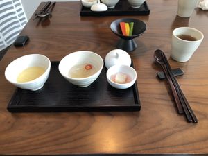 Appetizers - the one on the right is a cucumber jelly, made with Agar (seawee) at Balwoo Gongyang - 발우공양 in Seoul