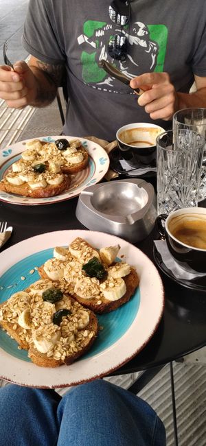 Cappuccino and banana bread with agave syrup at Mother Vegan Bistro in Athens