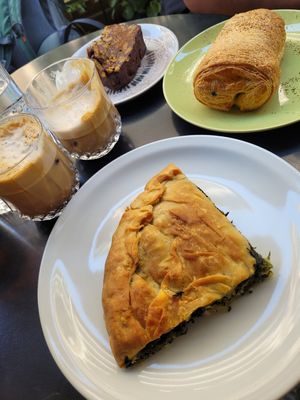 Spinatpie, Choco-Croissant, Freddocafe 😍 at Mother Vegan Bistro in Athens