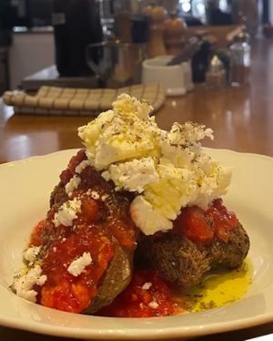 Dakos salat with our special vegan cheese from coconut and kasious at Mother Vegan Bistro in Athens