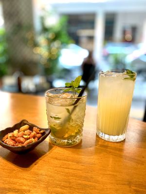 Mojitos, Caipirinha and our nob alcoholic “Holy Ginger” our homemade lemonade with lemon and organic ginger for Peru at Mother Vegan Bistro in Athens