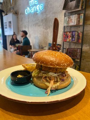 Smoked tofu burger at Mother Vegan Bistro in Athens