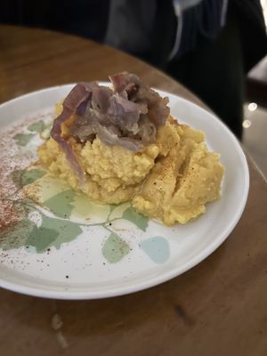 Fava Beans with carmelized onions…delicious!  at Mother Vegan Bistro in Athens