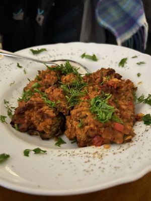 Eggplant stuffed with red lentils, tomatoes, paprika, fresh parsley….delicious!  at Mother Vegan Bistro in Athens