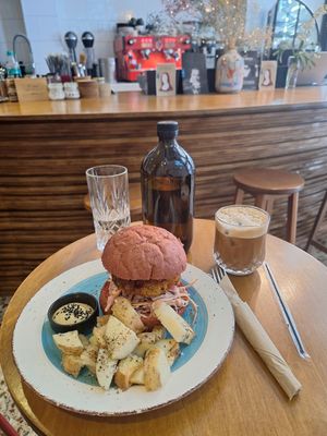 Burger with Iced cappuccino at Mother Vegan Bistro in Athens