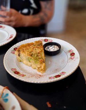 Mότhεr’s Quiche Loren 
With broccoli, cornflower, potatoes, spinach, red peppers, leek, cheese from cashew & coconut!  at Mother Vegan Bistro in Athens