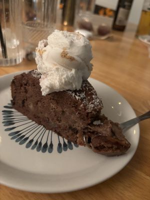 Chocolate cake with strawberry cheese cake-flavored ice cream   at Mother Vegan Bistro in Athens