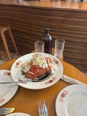 "Dakos" Cretan salad: carob rusks, tomato and cashew cheese at Mother Vegan Bistro in Athens