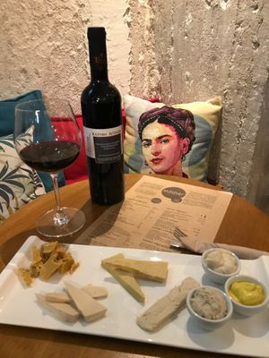 Our Frida drinks Vegan Wine and eats amazing plant based cheeses made by nuts. at Mother Vegan Bistro in Athens