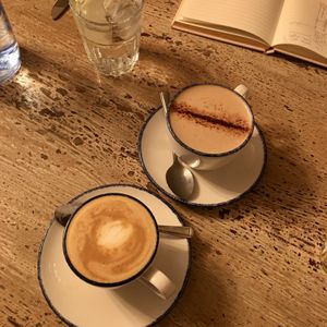 Flat white and hot chocolate (soya) at Brew Coffee in Moy