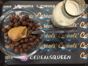 Cocoa coated rice puffs, peanut butter, and oat milk at Cereal's Queen in Turin