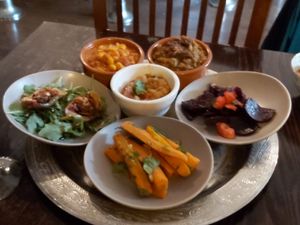 Mixed veggie plate- carrots, beets,  marinated eggplant, lentils, beans and pickles at Moltaqa in Vancouver