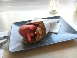 Vegan waffel corn with strawberry ice cream at Tatas in Berlin