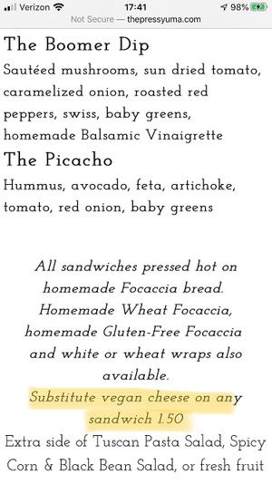 The 2 vegan options on the sandwich menu at The Press in Yuma