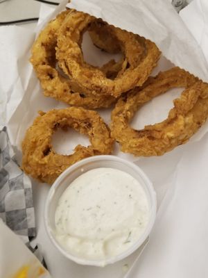 Onion rings and ranch at Blissful Burgers in San Antonio