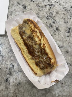Chili cheese dog- amazing (but pricy)  at Blissful Burgers in San Antonio