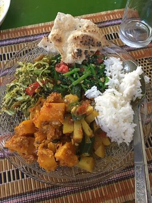 Tea leaf salad, Potato curry, Watercressalad, Potato-Okra-Curry at Bamboo Delight in Nyaungshwe