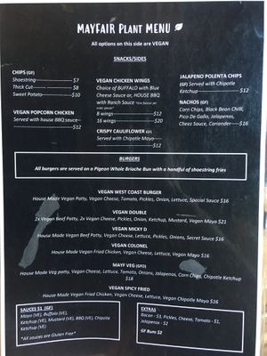 One side of the menu is vegan at The Mayfair   in Sandy Bay