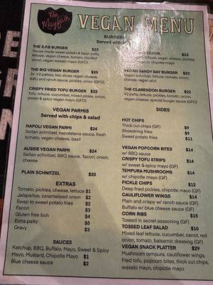 Vegan menu  at The Mayfair   in Sandy Bay