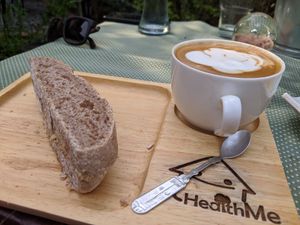 Cappuccino with soy milk and peanut butter made in house. They also make their own sour bread! at Health Me Cafe  in Prachuap Khiri Khan