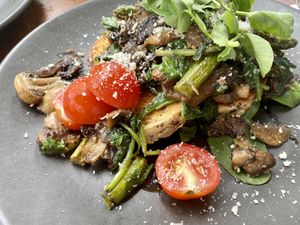 Garlic mushrooms with asparagus and spinach and Parmesan - divine! at The Green Edge Cafe and Store in Windsor