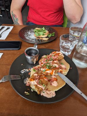 Vegan chicken pancakes with 1/2 a truffle toasty in the background. at The Green Edge Cafe and Store in Windsor