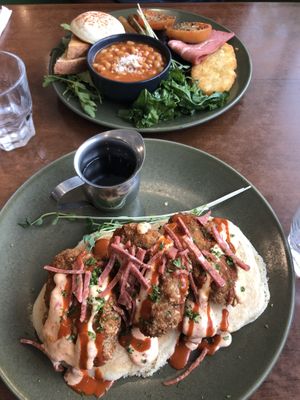 Full English Brekkie and Crispy Southern Chick’n pancakes  at The Green Edge Cafe and Store in Windsor