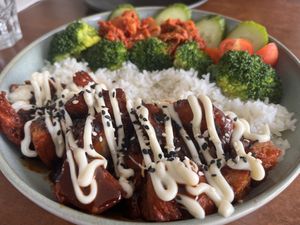 Korean BBQ pork bowl - beautiful sticky “pork"  at The Green Edge Cafe and Store in Windsor