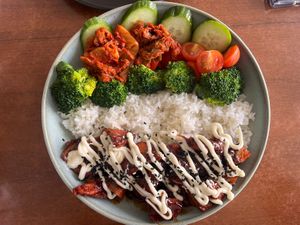 Korean BBQ pork bowl - amazing  at The Green Edge Cafe and Store in Windsor