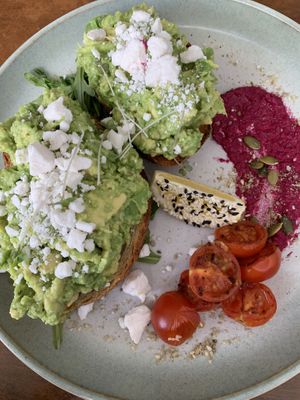 Smashed avo with feta, beetroot & dukah. Very tasty; a generous serving. Almond latte was very nice.  Friendly, courteous staff. My companion’s eggs Benedict was delicious too.  at The Green Edge Cafe and Store in Windsor