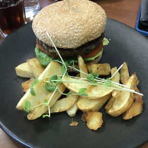 vEEF burger on GF with their amazing chips  at The Green Edge Cafe and Store in Windsor
