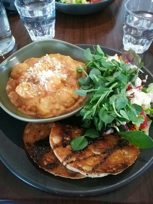 Cheese tomato gnocchi with garlic bread and salad at The Green Edge Cafe and Store in Windsor