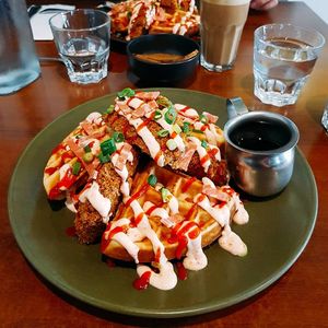 Vegan Chick'n and waffles 🤤 at The Green Edge Cafe and Store in Windsor